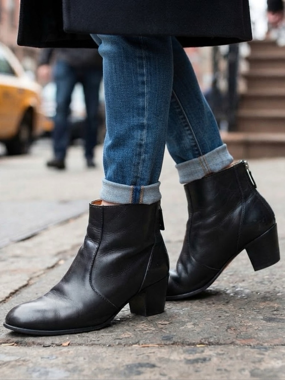 Madewell Black Leather Block Heel Back Zip Ankle Booties 7 Classic Minimalist